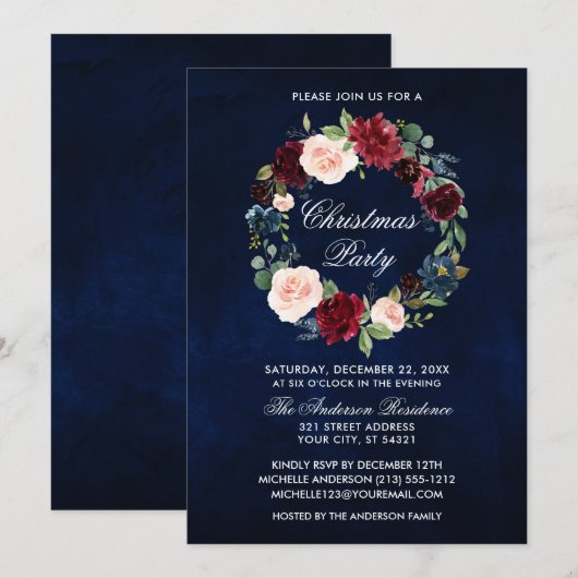 Invitation Elégante aquarelle Floral Wreath Noël Party (Devant / Derrière)