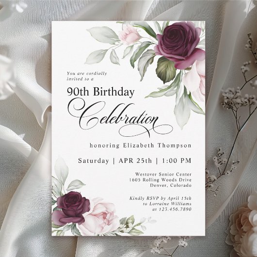 Invitation Elégante aquarelle florale 90e anniversaire