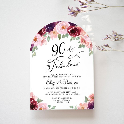 Invitation Elégante aquarelle florale 90e anniversaire de fêt