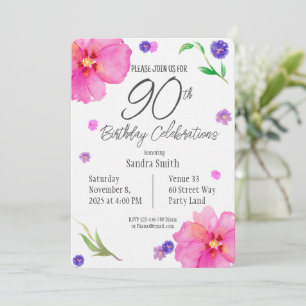 Invitation Elégante aquarelle florale 90e anniversaire Invita