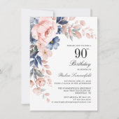 Invitation Elégante aquarelle Florale 90ème anniversaire fête (Devant)