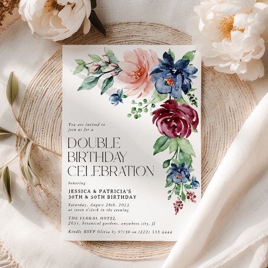 Invitation Elégante aquarelle florale double anniversaire