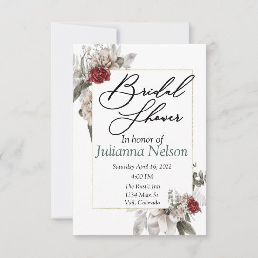 Invitation Elégante aquarelle florale en rouge et invitat bru (Devant)