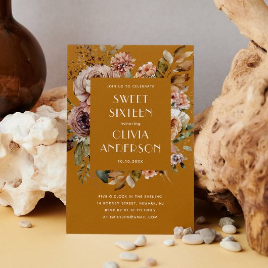 Invitation Elégante aquarelle florale moutarde orange doux 16