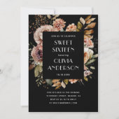 Invitation Elégante aquarelle florale noire Douce 16 seize (Devant)