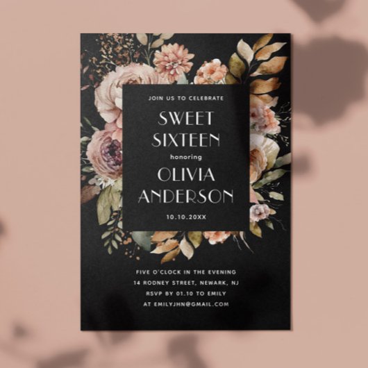 Invitation Elégante aquarelle florale noire Douce 16 seize