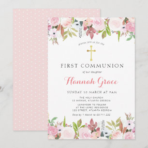 Invitation Elégante aquarelle florale première communion