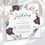 Invitation Elégante aquarelle Florale Rose fête d'anniversair<br><div class="desc">Avec charme et élégance, cette invitation à la fête d'anniversaire aquarelle fleurie comprend une couronne de roses de prune rose et bordeaux et une verdure vierge encerclant votre texte. Une disposition et un choix de polices de caractères modernes font de ce design une pop de style contemporain. Faites que le...</div>