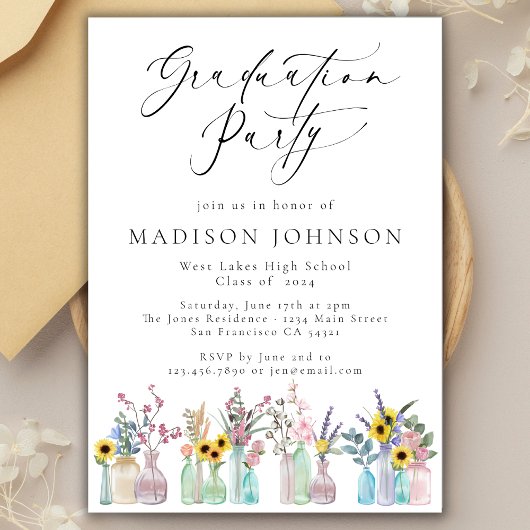 Invitation Elégante aquarelle florale Script Graduation Party