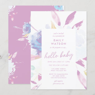 Invitation Elégante aquarelle florale violet Hello Baby showe