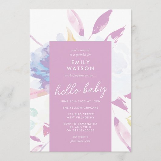 Invitation Elégante aquarelle florale violet Hello Baby showe (Devant)