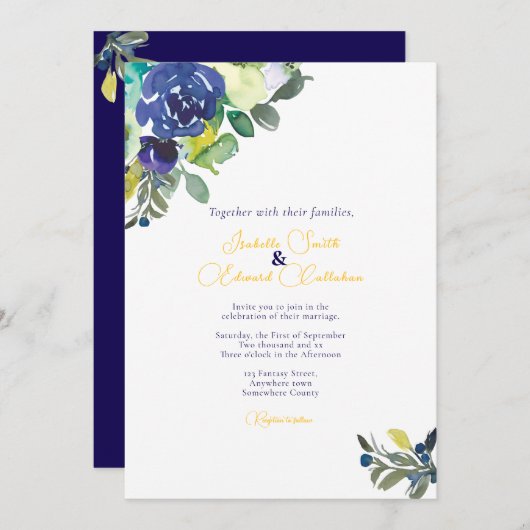Invitation Elégante aquarelle Indigo Blue Rose Mariage (Devant / Derrière)