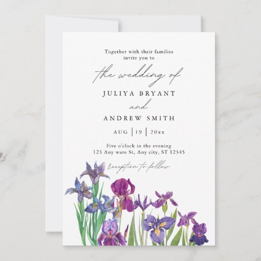 Invitation Elégante aquarelle Iris en mariage de script blanc (Devant)
