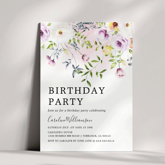 Invitation Elégante aquarelle jardin fleurs fête d'anniversai