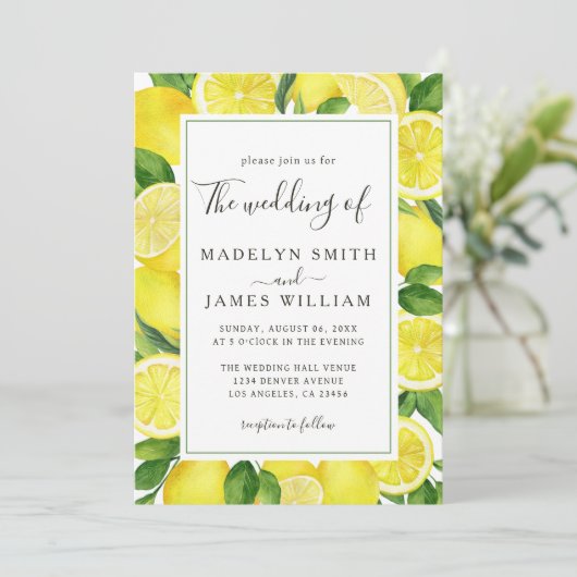 Invitation Elégante aquarelle jaune citron Mariage (Debout devant)