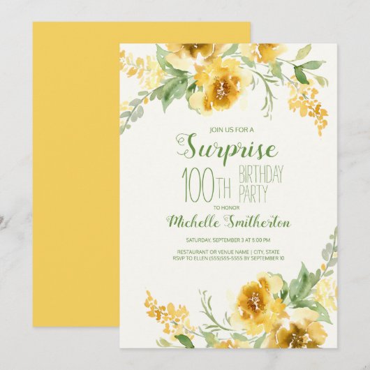 Invitation Elégante aquarelle jaune florale 100e anniversaire (Devant / Derrière)