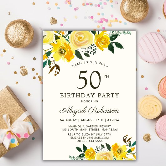 Invitation Elégante aquarelle jaune florale 50e anniversaire