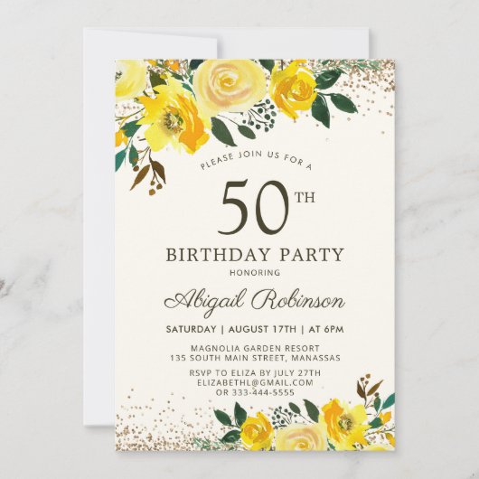 Invitation Elégante aquarelle Jaune Florale 50e anniversaire (Devant)