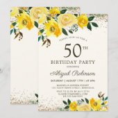 Invitation Elégante aquarelle Jaune Florale 50e anniversaire (Devant / Derrière)