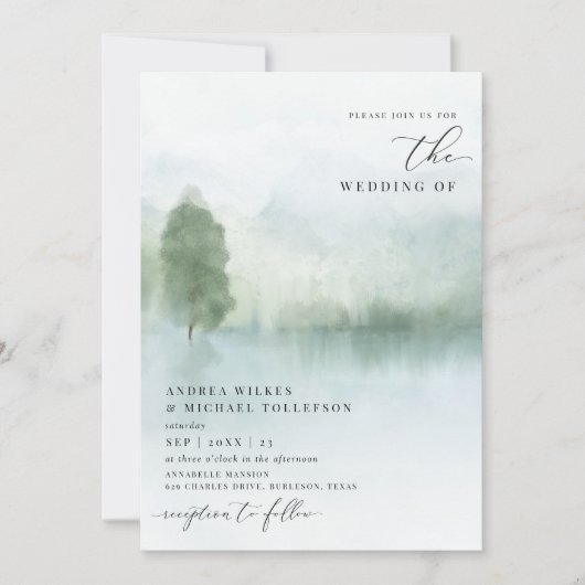 Invitation Elégante aquarelle lac et arbres Mariage Invitati (Devant)