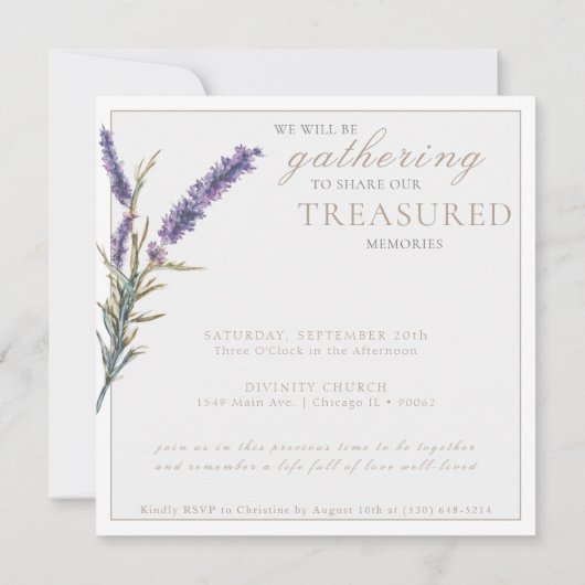 Invitation Elégante aquarelle Lavande Célébration de la vie (Dos)