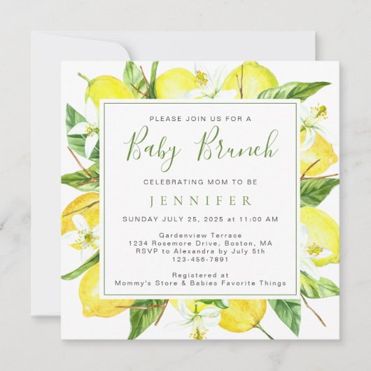Invitation Elégante aquarelle Lemon Botanical Baby Brunch (Devant)