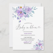 Invitation Elégante aquarelle lune fleurs pourpres bébé en bl (Devant)