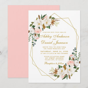 Invitation Elégante aquarelle Magnolias Rose Mariage or