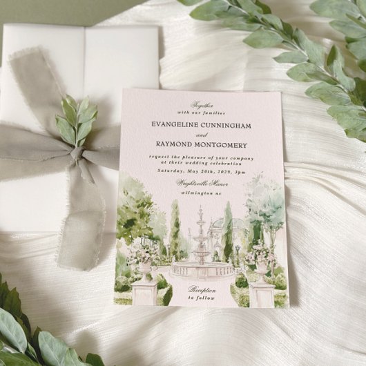 Invitation Elégante aquarelle Manor Jardin Mariage