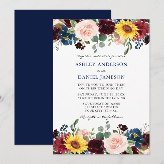Invitation Elégante aquarelle Mixte Floral Mariage bleu (Devant / Derrière)