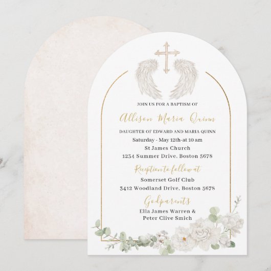Invitation Elégante Aquarelle moderne Beige Angel Baptême Inv (Devant / Derrière)