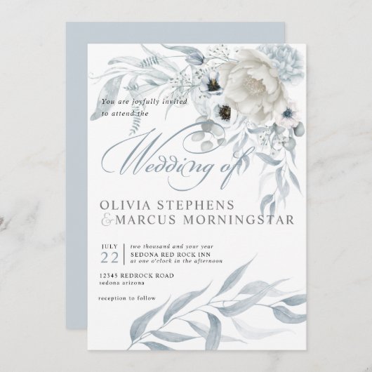 Invitation Elégante aquarelle moderne bleu foncé Floral (Devant / Derrière)