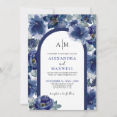 Invitation Elégante aquarelle moderne marine bleu Mariage flo (Devant)