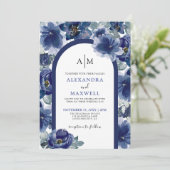 Invitation Elégante aquarelle moderne marine bleu Mariage flo (Debout devant)