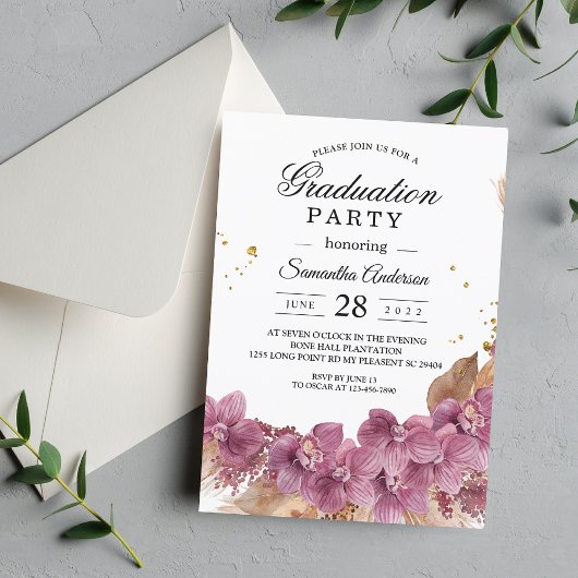 Invitation Elégante aquarelle moderne Orchidée rose & Pampas