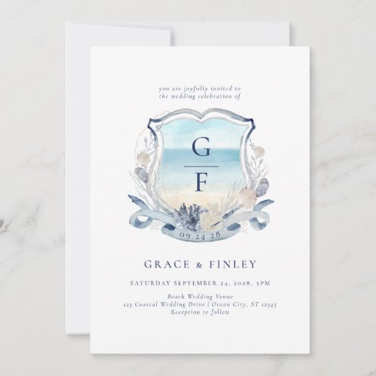 Invitation Elégante aquarelle Monogram Crest Beach Mariage (Devant)