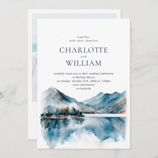 Invitation Elégante aquarelle Montagnes Forêt Mariage Photo (Devant / Derrière)
