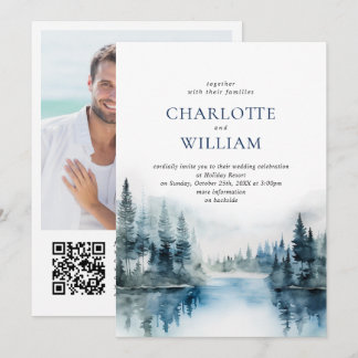 Invitation Elégante aquarelle Montagnes Forêt Mariage Photo