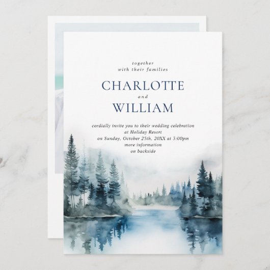 Invitation Elégante aquarelle Montagnes Forêt Mariage Photo (Devant / Derrière)