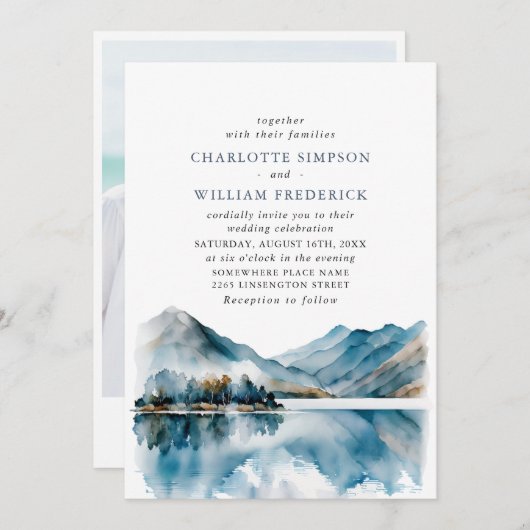 Invitation Elégante aquarelle Montagnes Forêt Mariage Photo (Devant / Derrière)