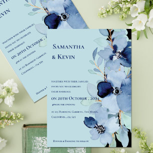 Invitation Elégante aquarelle Moody Blue Floral Mariage