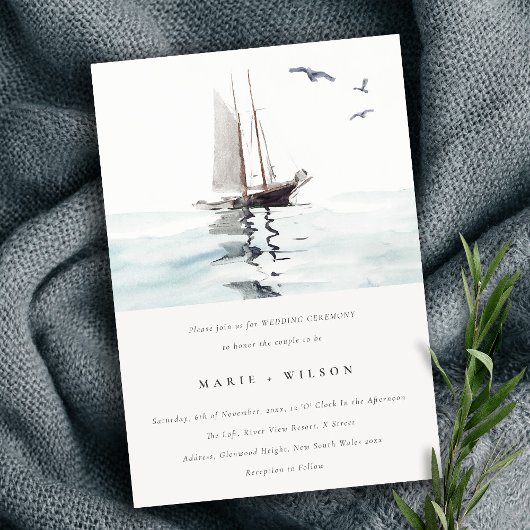 Invitation Elégante aquarelle Nautique voile Mariage
