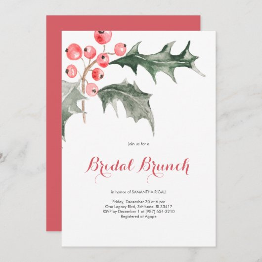 Invitation Elégante aquarelle Noël Holly Bridal Brunch (Devant / Derrière)