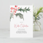 Invitation Elégante aquarelle Noël Holly Party (Debout devant)