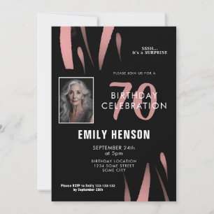 Invitation Elégante aquarelle noire rose 70e anniversaire Pho