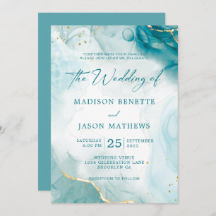 Invitation Elégante aquarelle Océan Turquoise Blue Gold Maria