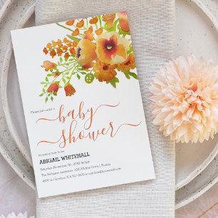 Invitation Elégante Aquarelle Orange Automne Douche Florale