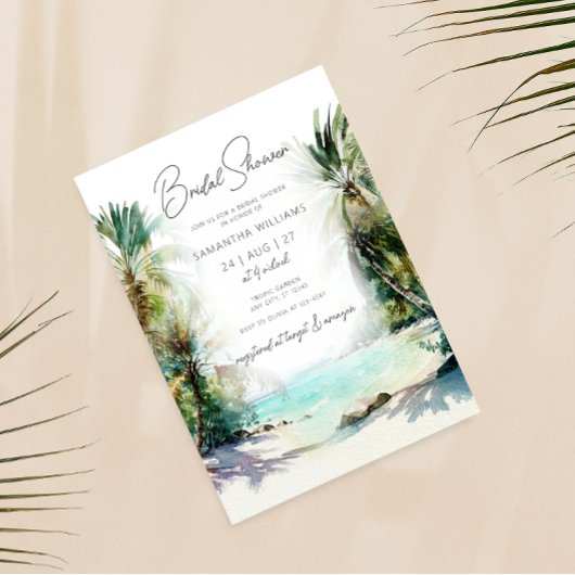Invitation Elégante aquarelle Palm Tree Beach Fête des mariée