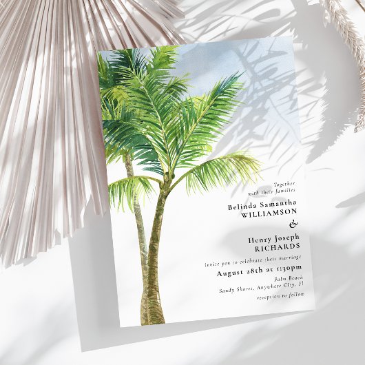 Invitation Elégante aquarelle Palm Tree Beach Mariage