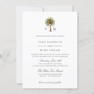 Invitation Elégante aquarelle palmier tropical Monogramme